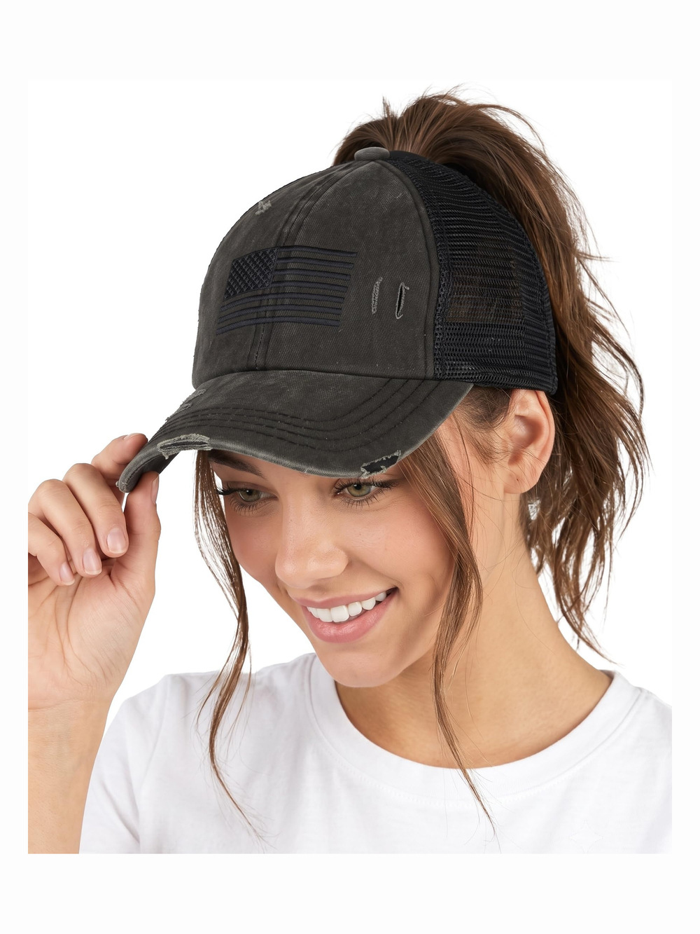 Criss Cross Ponytail Cap, Messy Bun Distressed Baseball Hat | Black | Size OS